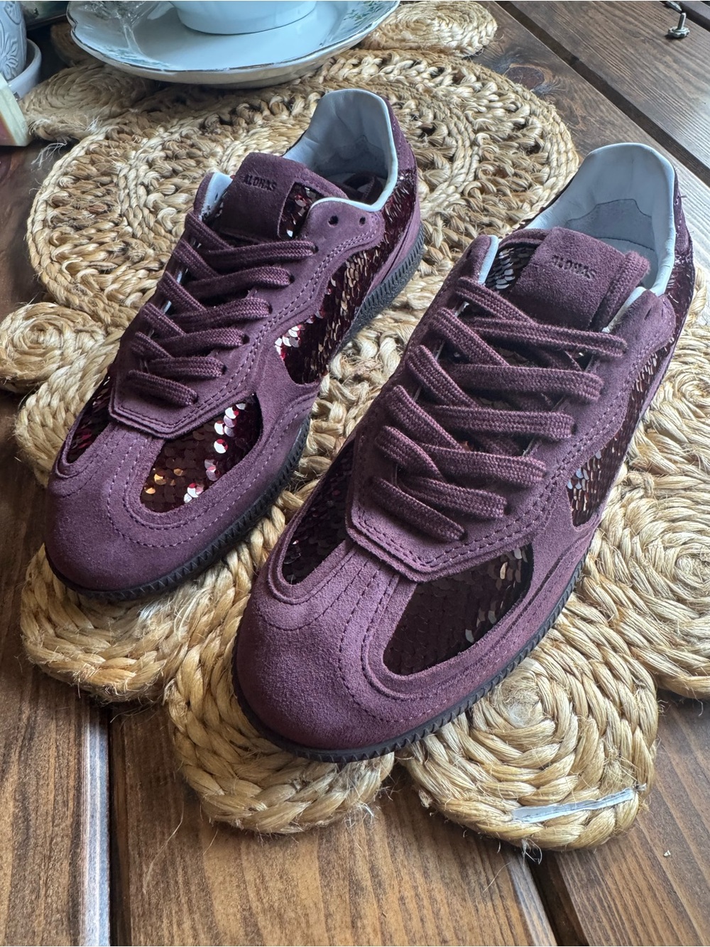ALOHAS Burgundy Sequin Suede Sneakers